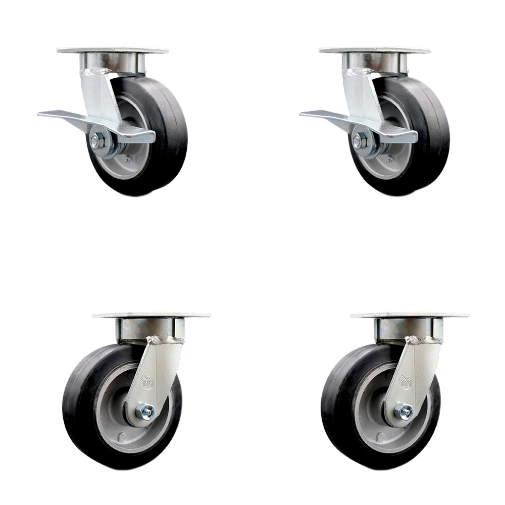 Kingpinless Rubber on Aluminum Swivel Top Plate Caster Set 4 w/6" x 2" Black Wheels-Includes 2 Swvl w/Brakes and Bolt on Swvl Lcks& 2 Swvl w/Bolt on Swvl Lcks-2200 lbs Total Cpty- Service Caster Brand — photo 1