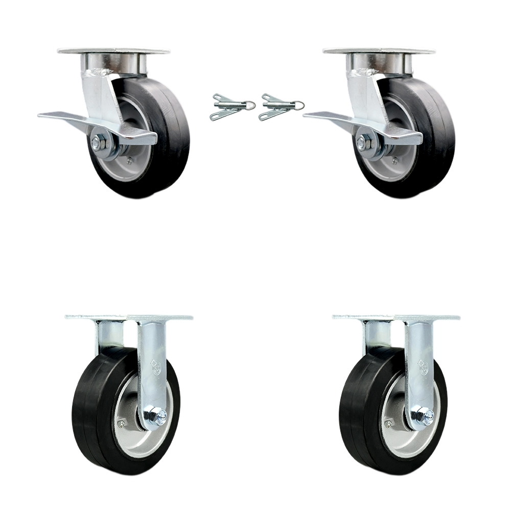Heavy Duty Kingpinless Swivel Caster Set of 4 with 6 Inch Rubber on Aluminum Wheels and Ball Bearings - Includes 2 Swivel with Brakes and Bolt on Swivel Locks and 2 Rigid - Service Caster Brand — photo 1