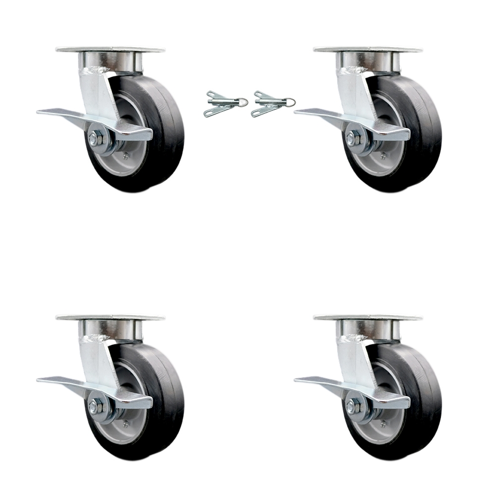 Kingpinless Rubber on Aluminum Swivel Top Plate Caster Set 4 w/6" x 2" Black Wheels-Includes 2 Swivel with Brakes and Bolt on Swivel Locks&2 Swivel with Brakes-2200 lbs Total Cpty-Service Caster Brand — photo 1
