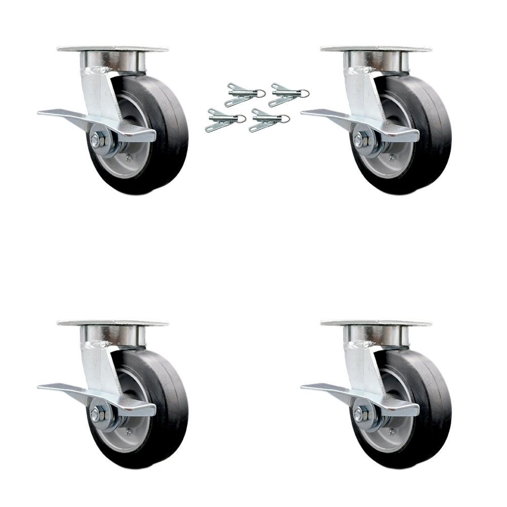 Heavy Duty Kingpinless Swivel Caster Set of 4 with 6 Inch Rubber on Aluminum Wheels and Ball Bearings - Includes 4 Swivel with Side Lock Brakes and Bolt on Swivel Locks - Service Caster Brand — photo 1