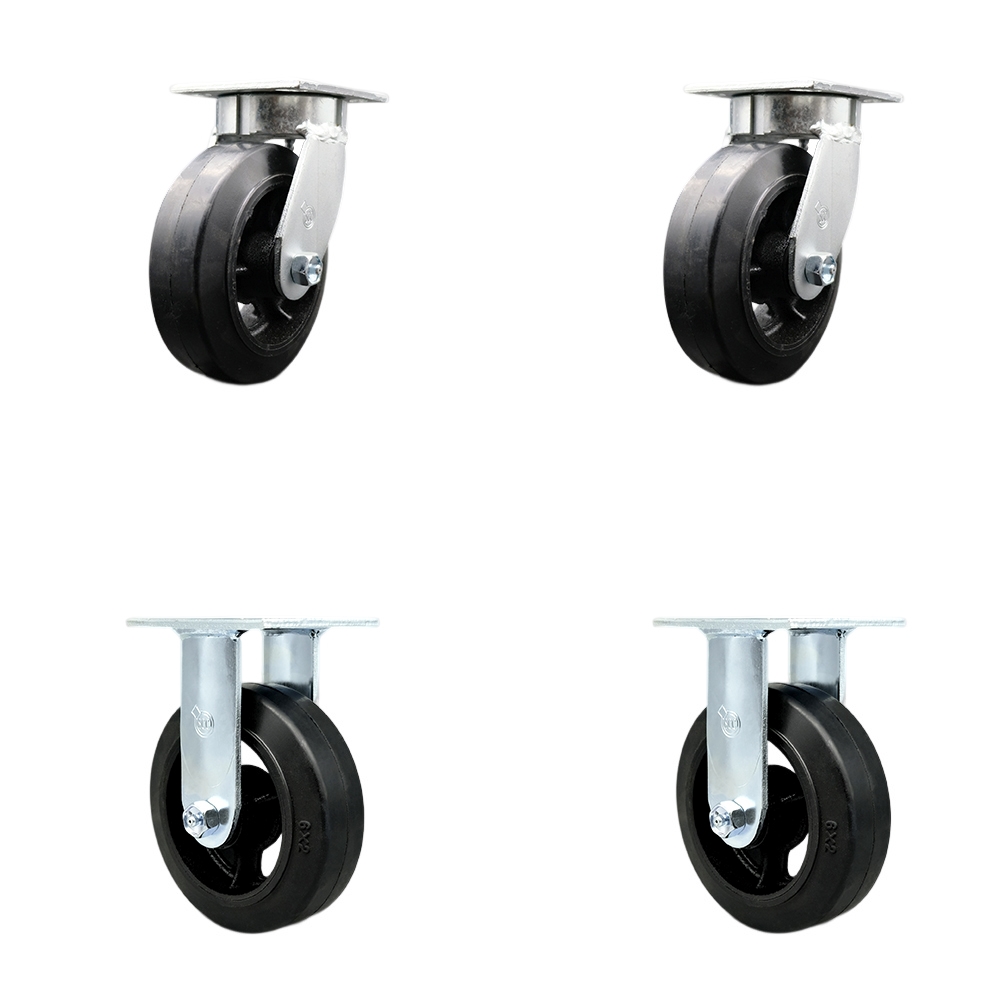 Heavy Duty Kingpinless Swivel Caster Set of 4 with 6 Inch Rubber on Cast Iron Wheels and Ball Bearings - Includes 2 Swivel and 2 Rigid - 1,800 lbs. Total Capacity - Service Caster Brand — photo 1