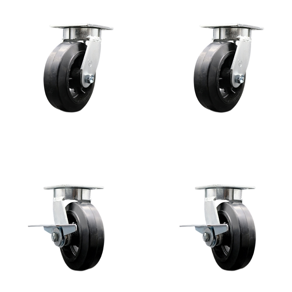 Kingpinless Rubber on Cast Iron Swivel Top Plate Caster Set of 4 w/6" x 2" Black Wheels - Includes 2 Swivel with Brakes & 2 Swivel - 1800 lbs Total Capacity - Service Caster Brand — photo 1