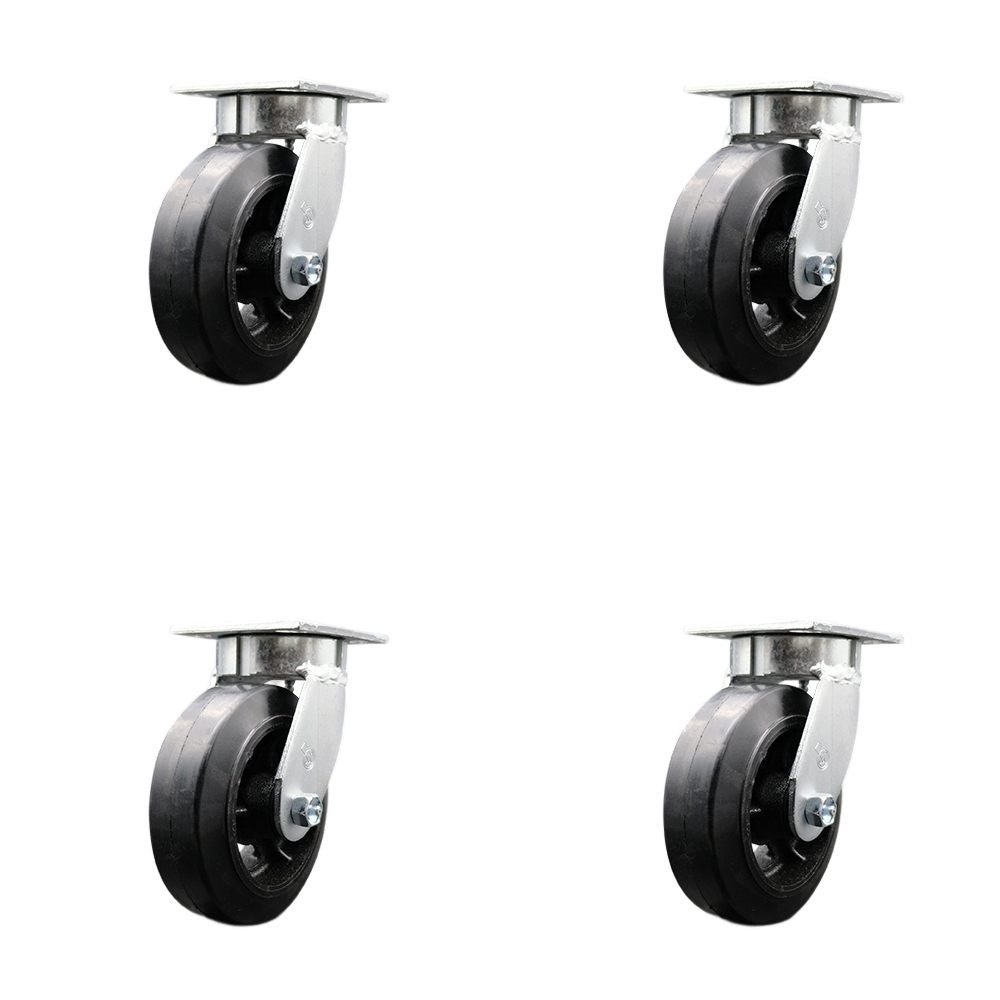 Kingpinless Rubber on Cast Iron Swivel Top Plate Caster Set of 4 w/6" x 2" Black Wheels - Includes 4 Swivel - 1800 lbs Total Capacity - Service Caster Brand — photo 1