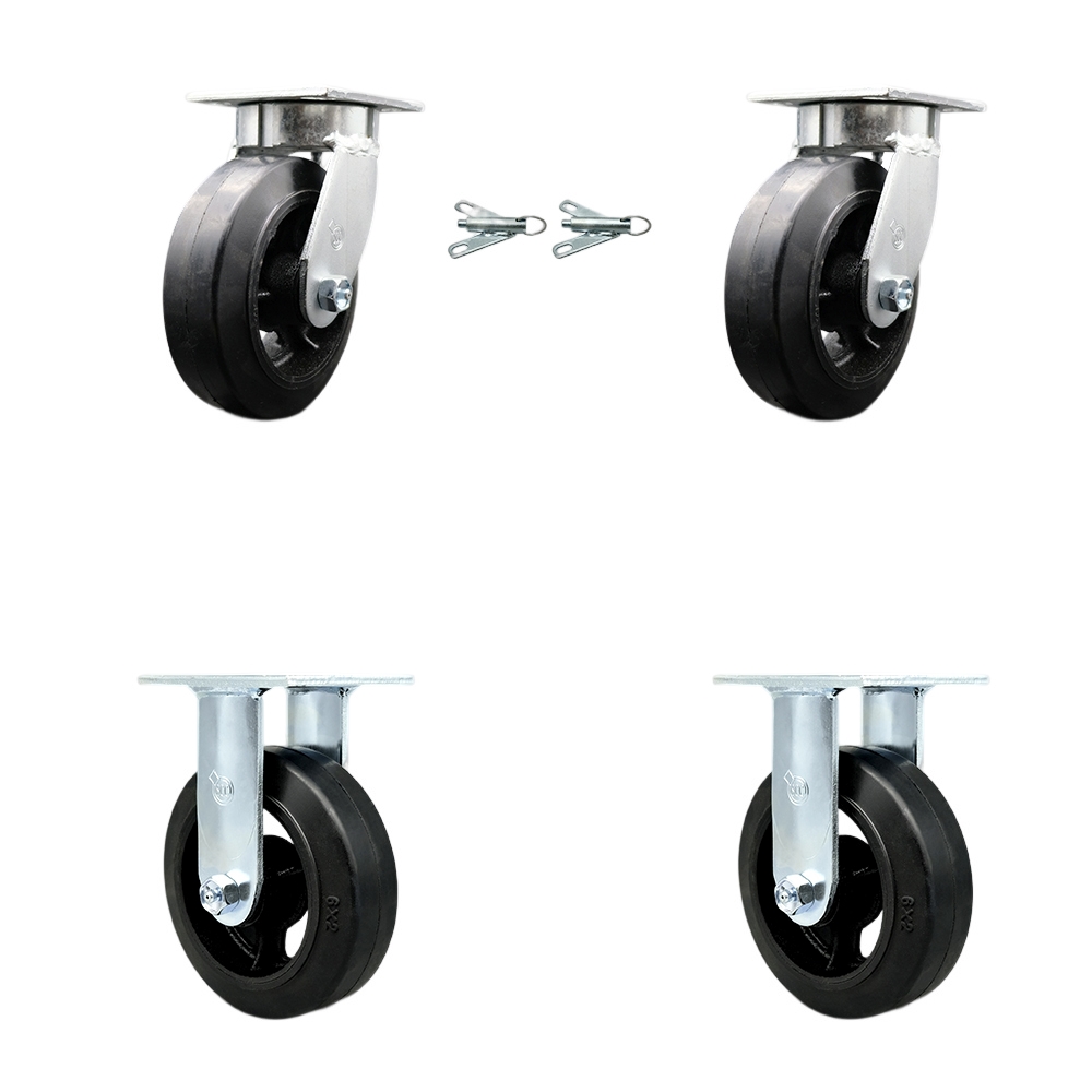 Kingpinless Rubber on Cast Iron Swivel Top Plate Caster Set of 4 w/6" x 2" Black Wheels - Includes 2 Swivel with Bolt on Swivel Locks & 2 Rigid - 1800 lbs Total Capacity - Service Caster Brand — photo 1