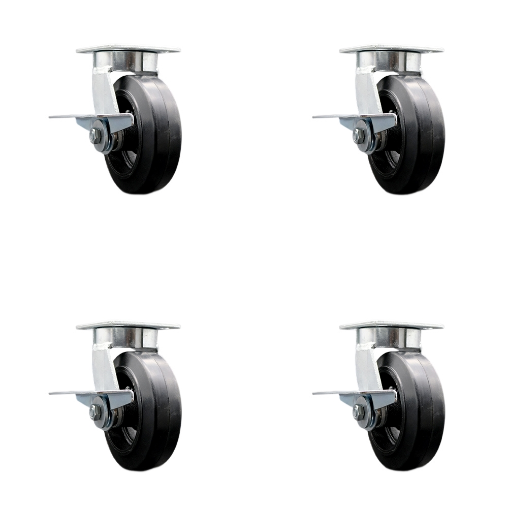 Heavy Duty Kingpinless Swivel Caster Set of 4 with 6 Inch Rubber on Cast Iron Wheels and Ball Bearings - Includes 4 Swivel with Side Lock Brakes - 1,800 lbs. Total Capacity - Service Caster Brand — photo 1
