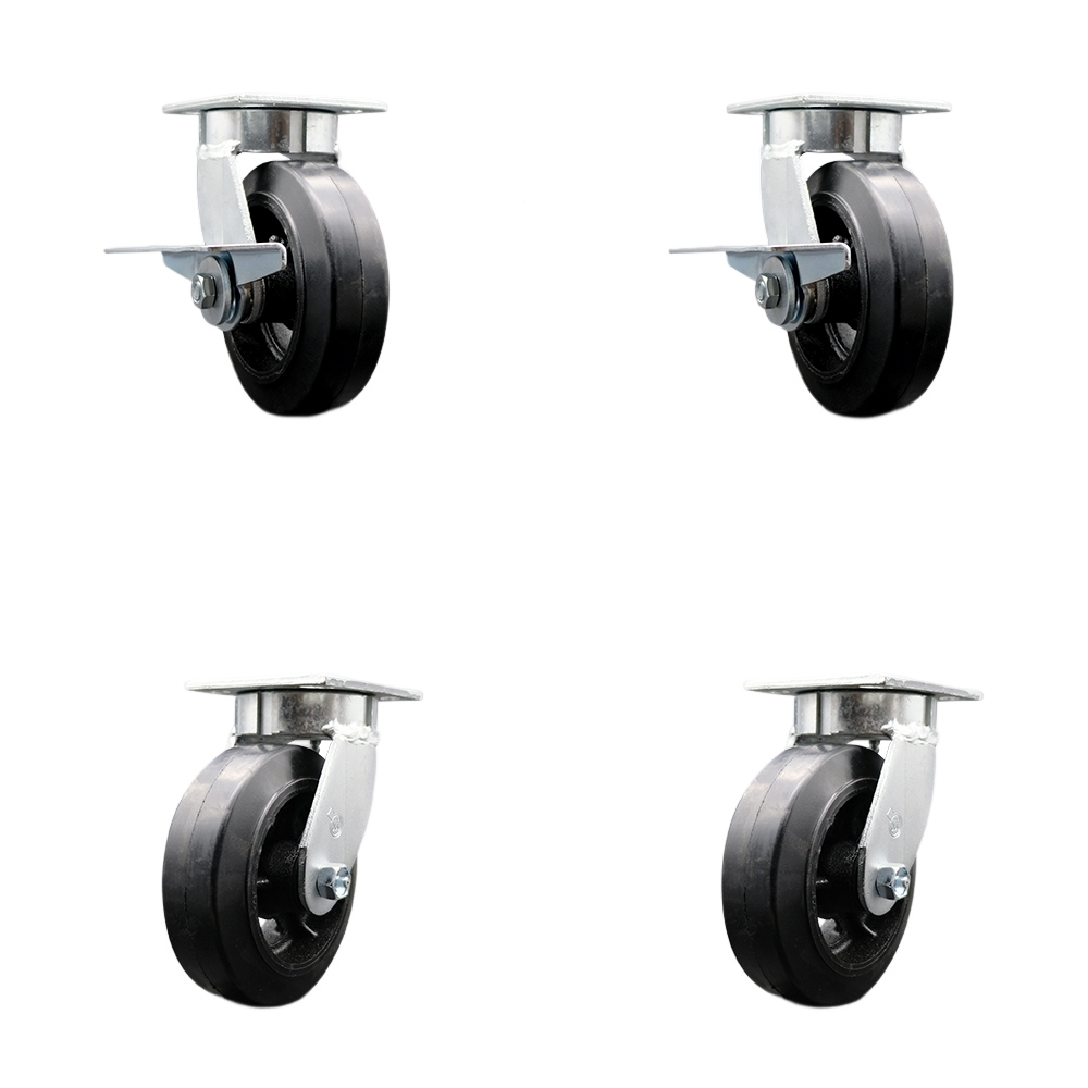 Kingpinless Rubber on Cast Iron Swivel Top Plate Caster Set 4 w/6" x 2" Black Wheels-Includes 2 Swvl w/Brakes and Bolt on Swvl Lcks& 2 Swvl w/Bolt on Swvl Lcks-1800lbs Total Cpty- Service Caster Brand — photo 1