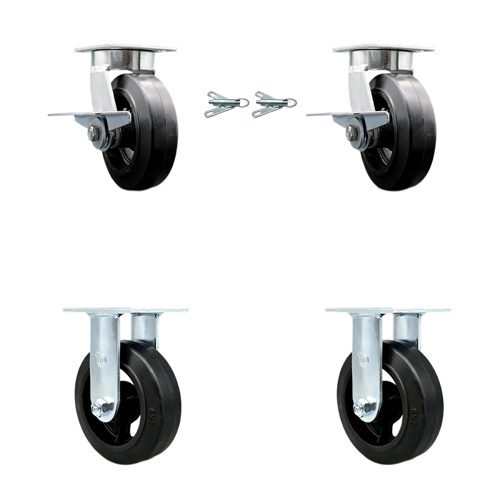Kingpinless Rubber on Cast Iron Swivel Top Plate Caster Set of 4 w/6" x 2" Black Wheels - Includes 2 Swivel with Brakes and Bolt on Swivel Locks & 2 Rigid-1800lbs Total Capacity - Service Caster Brand — photo 1