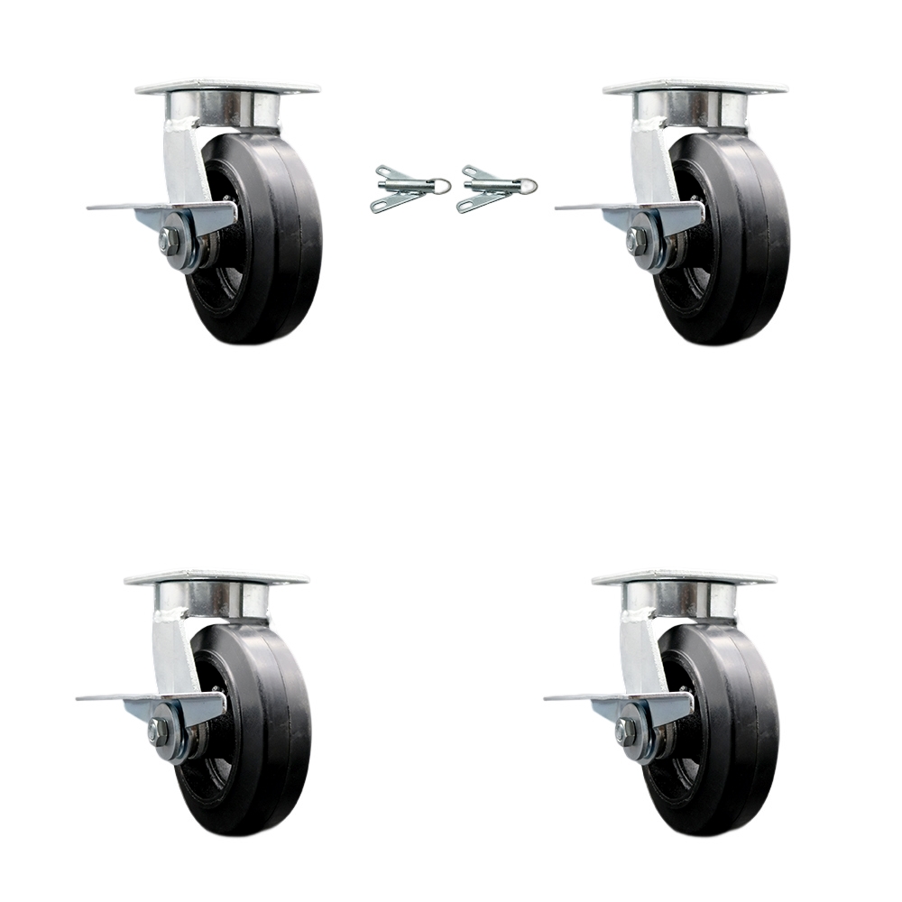 Kingpinless Rubber on Cast Iron Swivel Top Plate Caster Set 4 w/6" x 2" Black Wheels-Includes 2 Swivel with Brakes and Bolt on Swivel Locks&2 Swivel with Brakes-1800lbs Total Cpty-Service Caster Brand — photo 1