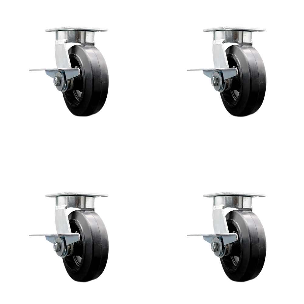 Heavy Duty Kingpinless Swivel Caster Set of 4 with 6 Inch Rubber on Cast Iron Wheels and Ball Bearings - Includes 4 Swivel with Side Lock Brakes and Bolt on Swivel Locks - Service Caster Brand — photo 1