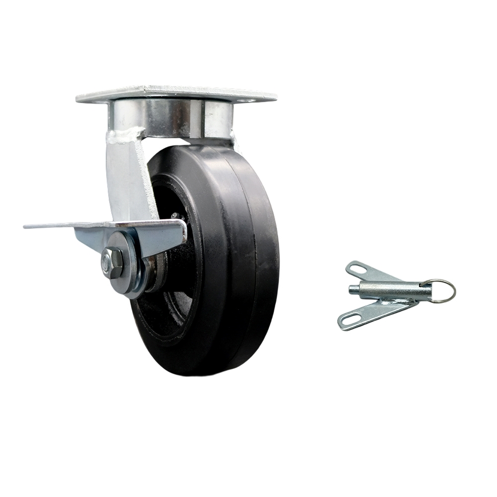 Heavy Duty Kingpinless Swivel Top Plate Caster with Side Lock Brake and Bolt on Swivel Lock and 6 Inch Rubber on Cast Iron Wheel with Ball Bearings - 450 lbs. Capacity/Caster - Service Caster Brand — photo 1
