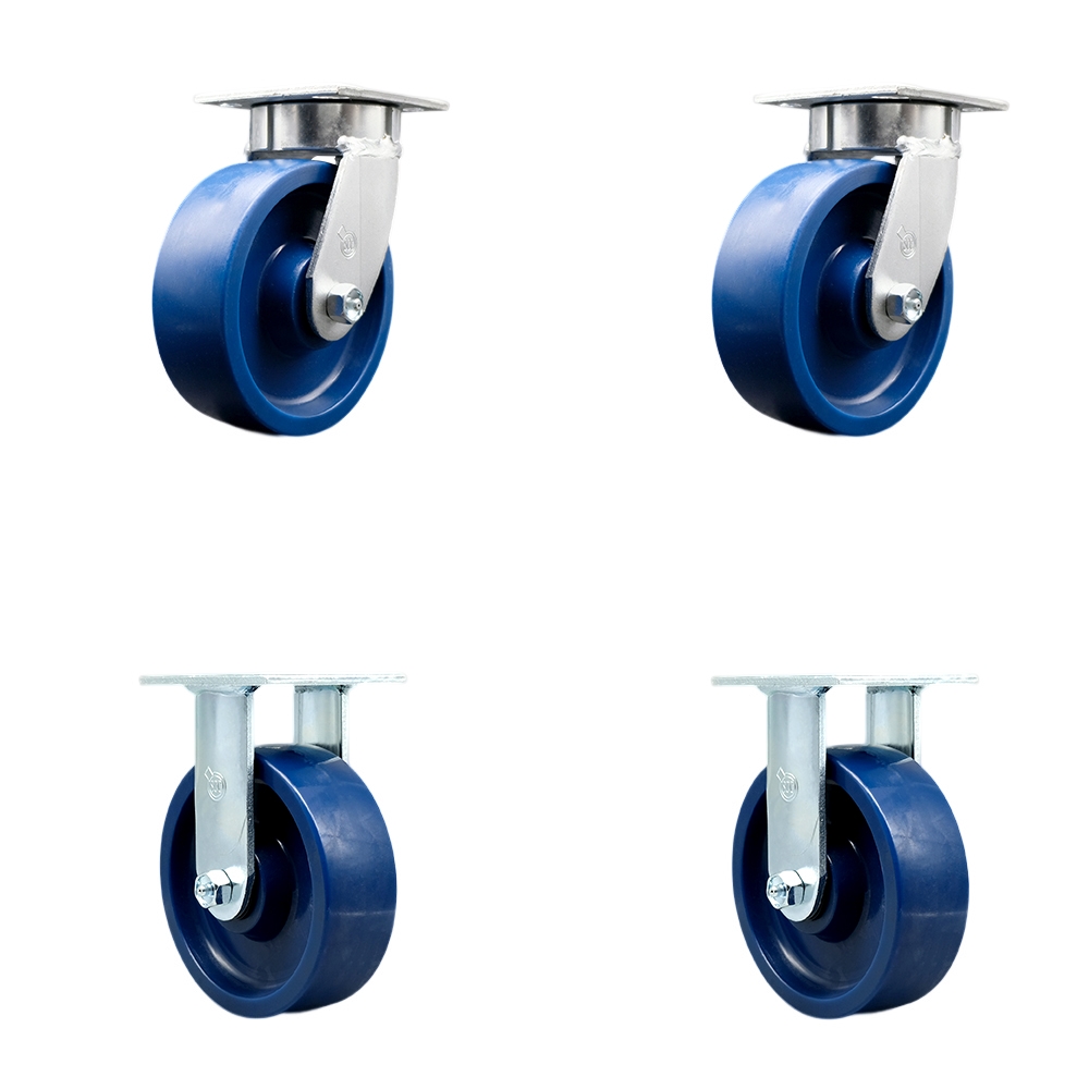 Kingpinless Solid Polyurethane Swivel Top Plate Caster Set of 4 w/6" x 2" Blue Wheels - Includes 2 Swivel & 2 Rigid - 4800 lbs Total Capacity - Service Caster Brand — photo 1