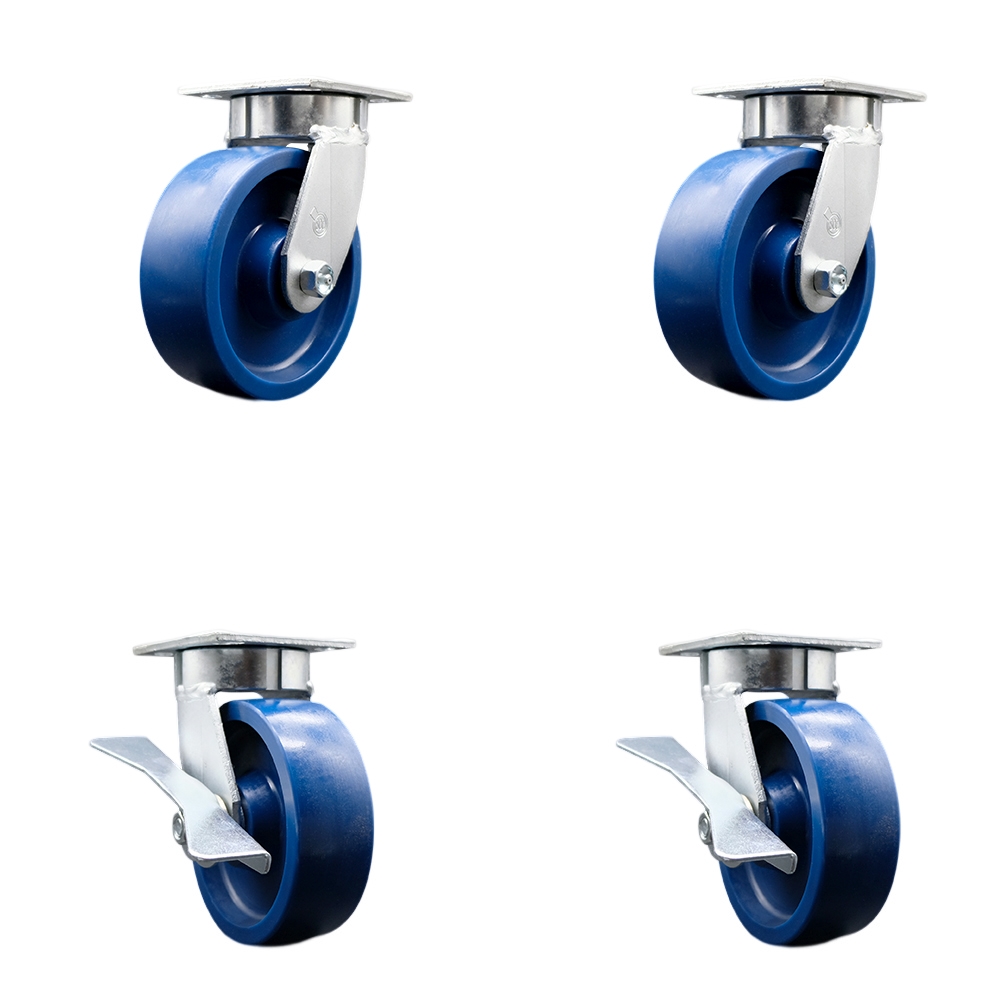 Heavy Duty Kingpinless Swivel Caster Set of 4 with 6 Inch Solid Polyurethane Wheels and Ball Bearings - Includes 2 Swivel with Brakes and 2 Swivel - 4,800 lbs. Total Capacity - Service Caster Brand — photo 1