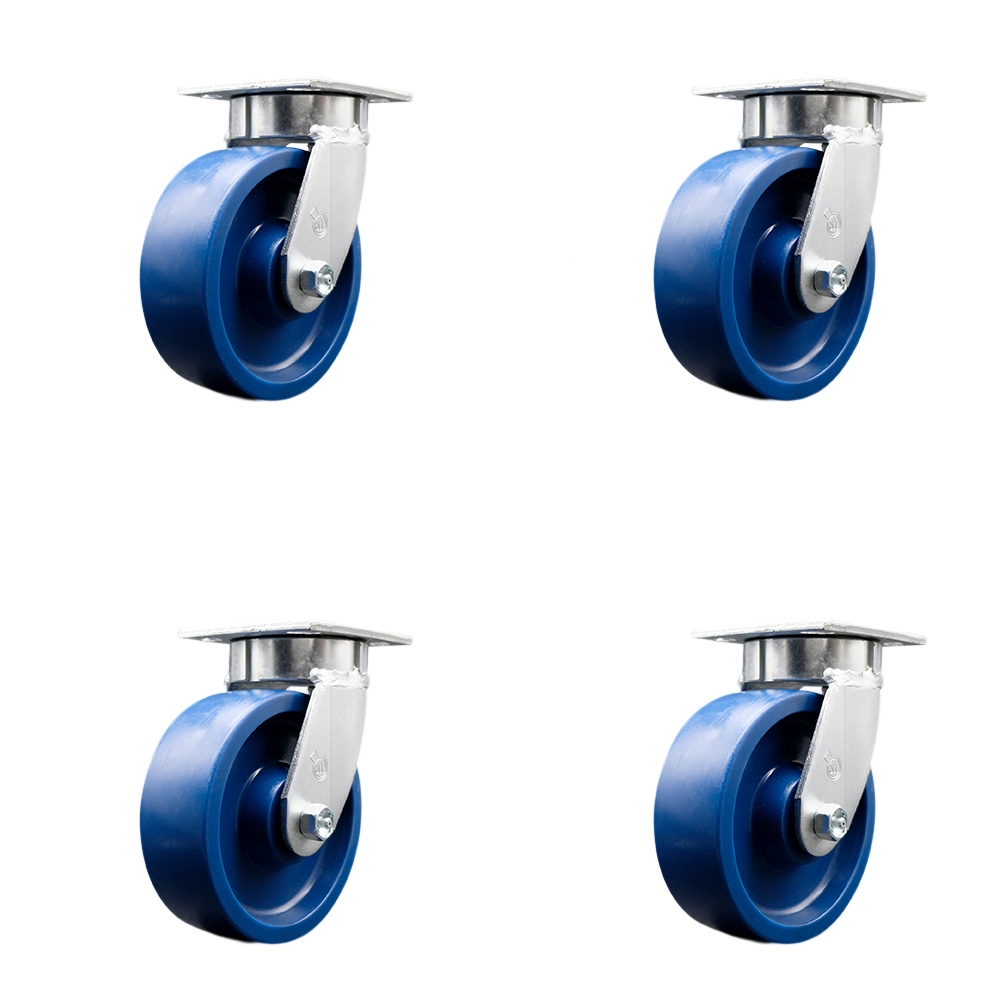 Kingpinless Solid Polyurethane Swivel Top Plate Caster Set of 4 w/6" x 2" Blue Wheels - Includes 4 Swivel w/Bolt on Swivel Locks - 4800 lbs Total Capacity - Service Caster Brand — photo 1