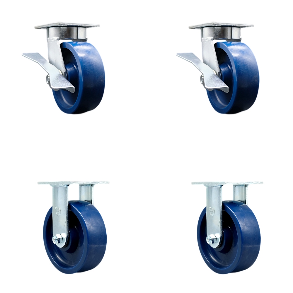 Heavy Duty Kingpinless Swivel Caster Set of 4 with 6 Inch Solid Polyurethane Wheels and Ball Bearings - Includes 2 Swivel with Brakes and 2 Rigid - 4,800 lbs. Total Capacity - Service Caster Brand — photo 1