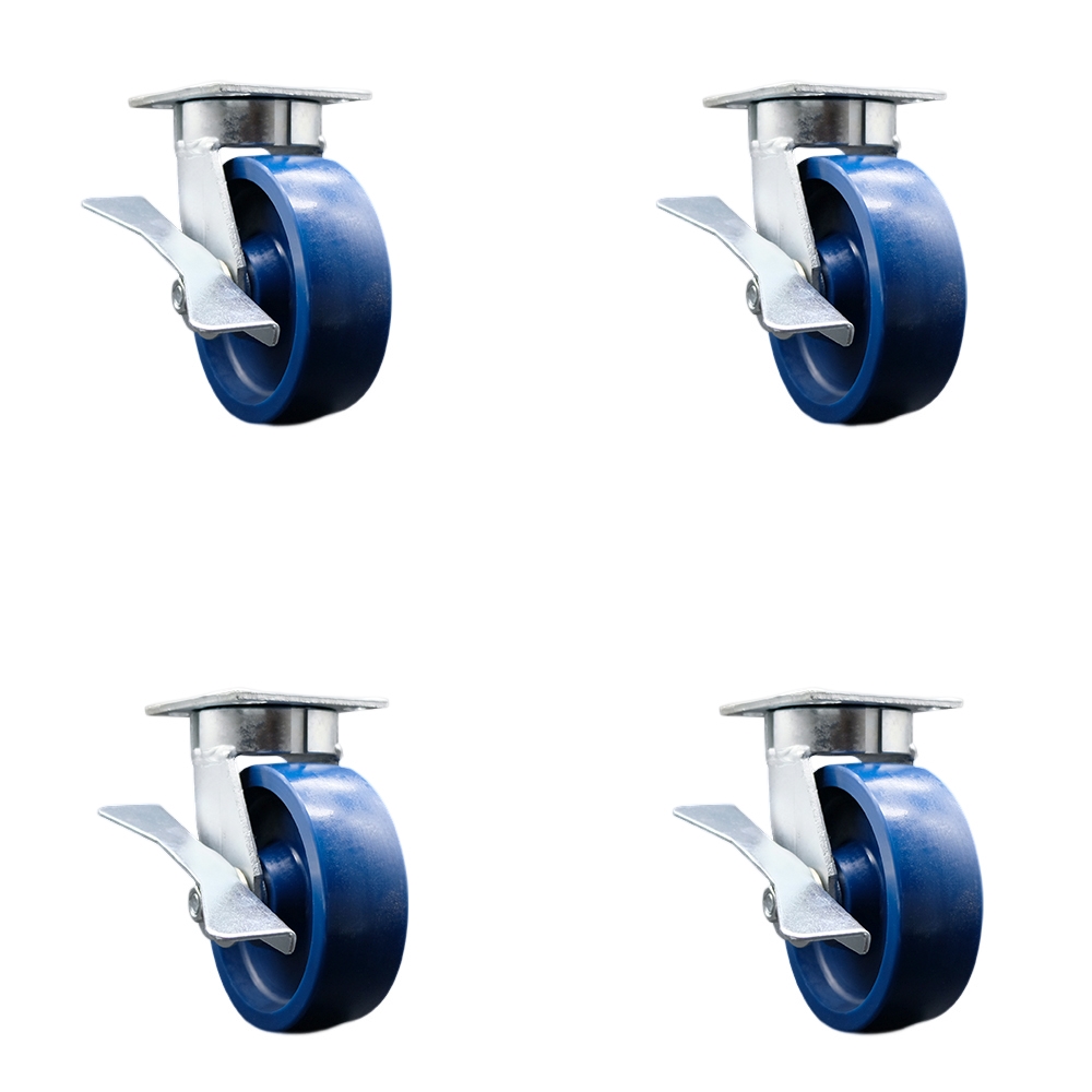 Kingpinless Solid Polyurethane Swivel Top Plate Caster Set of 4 w/6" x 2" Blue Wheels - Includes 4 Swivel w/Side Lck Brakes - 4800 lbs Total Capacity - Service Caster Brand — photo 1