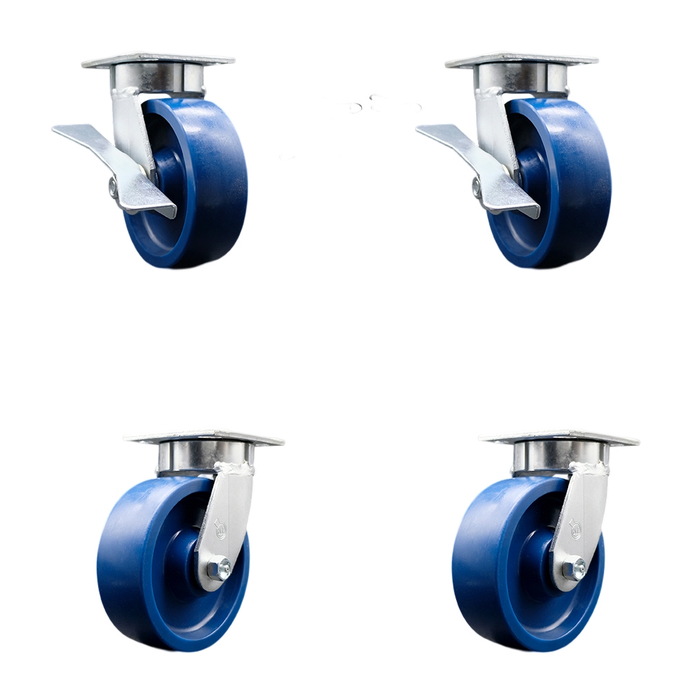 Kingpinless Solid Polyurethane Swivel Top Plate Caster Set 4 w/6" x 2" Blue Wheels-Includes 2 Swvl w/Brakes and Bolt on Swvl Lcks& 2 Swvl w/Bolt on Swvl Lcks-4800 lbs Total Cpty- Service Caster Brand — photo 1