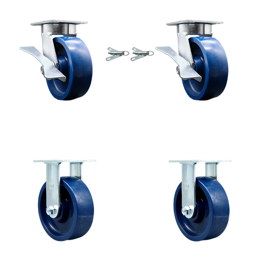 Kingpinless Solid Polyurethane Swivel Top Plate Caster Set of 4 w/6" x 2" Blue Wheels - Includes 2 Swivel with Brakes and Bolt on Swivel Locks & 2 Rigid-4800 lbs Total Capacity - Service Caster Brand — photo 1