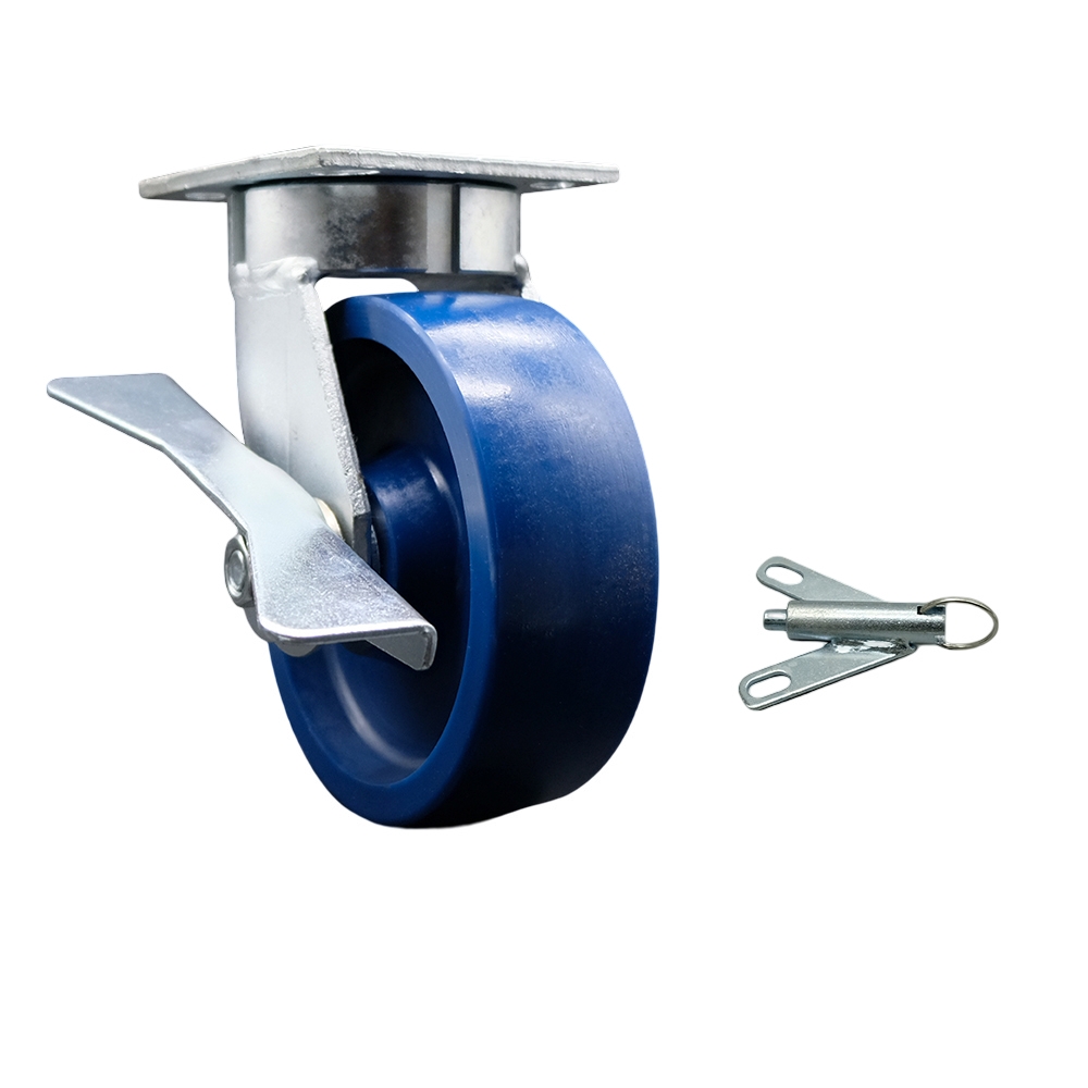 Kingpinless Solid Polyurethane Swivel Top Plate Caster w/6" x 2" Blue Wheel & Side Lck Brake and Bolt on Swivel Lock - 1200 lbs Capacity/Caster - Service Caster Brand — photo 1