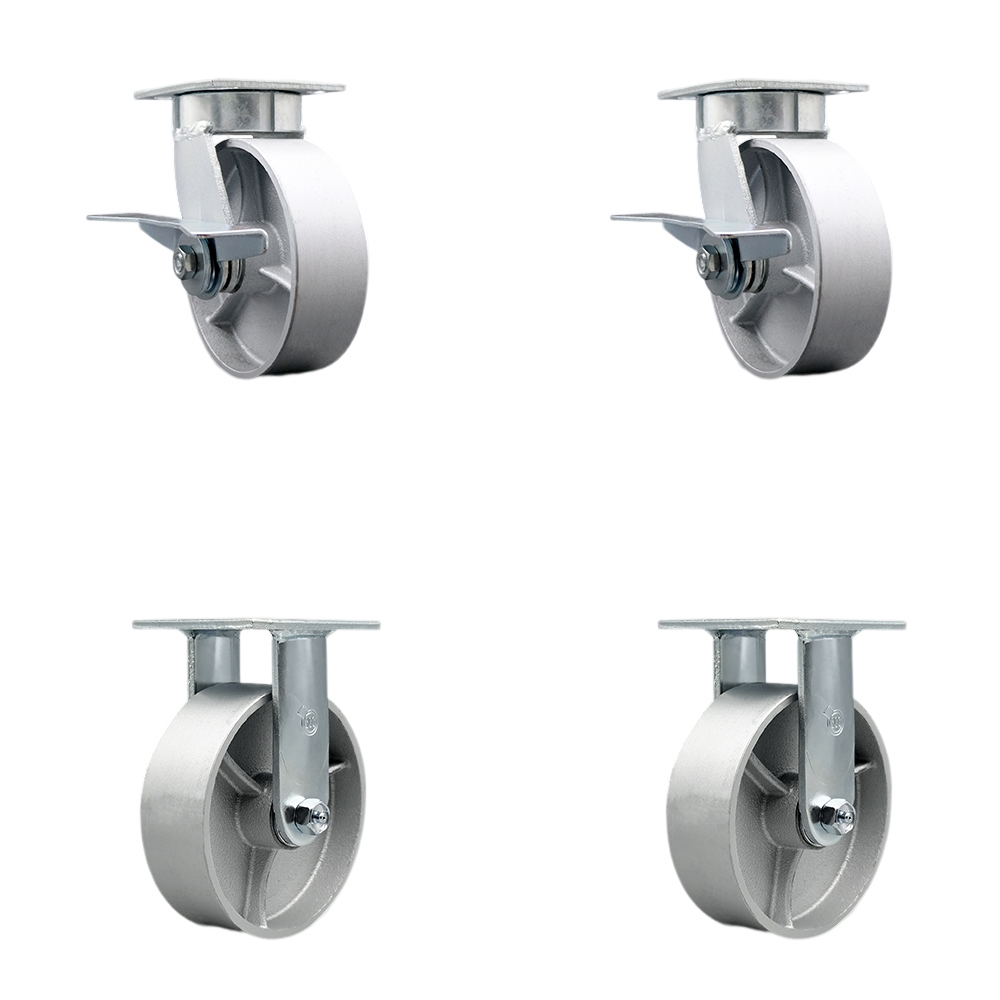 Heavy Duty Kingpinless Swivel Caster Set of 4 with 6 Inch Semi Steel Cast Iron Wheels and Ball Bearings - Includes 2 Swivel with Brakes and 2 Rigid - 4,800 lbs. Total Capacity - Service Caster Brand — photo 1