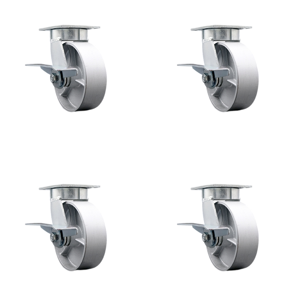 Heavy Duty Kingpinless Swivel Caster Set of 4 with 6 Inch Semi Steel Cast Iron Wheels and Bronze Bearings - Includes 4 Swivel with Side Lock Brakes - 4,800 lbs. Total Capacity - Service Caster Brand — photo 1