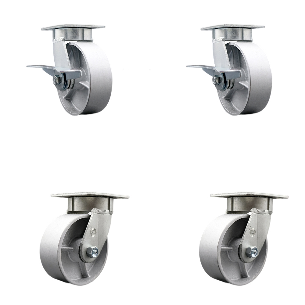 Heavy Duty Kingpinless Swivel Caster Set with 6 Inch Semi Steel Cast Iron Wheels and Ball Bearings-Includes 2 Swivel with Brakes&Bolt on Swivel Locks and 2 Swivel with Swivel Lock-Service Caster Brand — photo 1