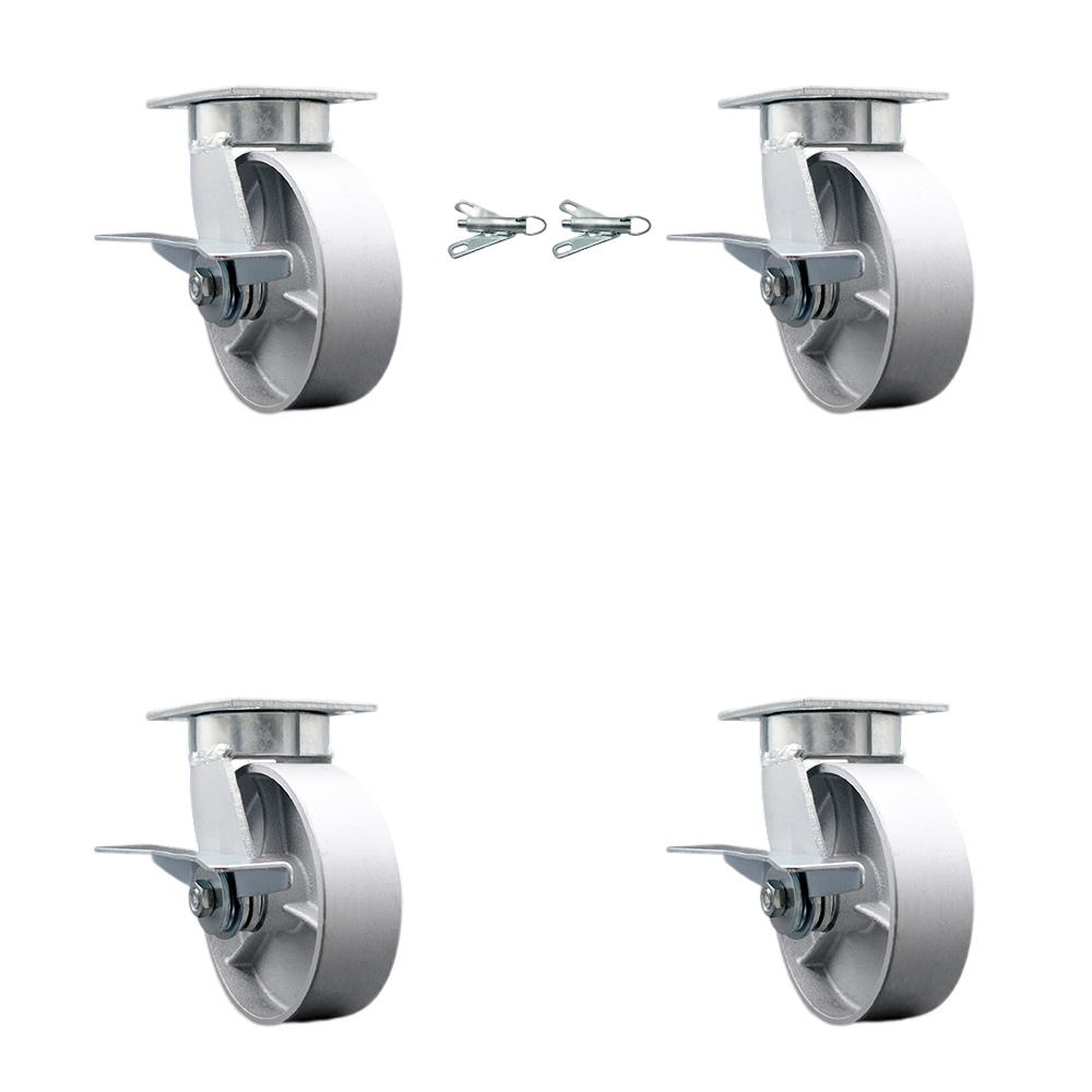 Kingpinless Semi Steel Cast Iron Swivel Top Plate Caster Set 4 w/6" x 2" Silver Wheels-Includes 2 Swivel with Brakes and Bolt on Swivel Lcks&2 Swivel w/Brakes-4800lbs Total Cpty - Service Caster Brand — photo 1