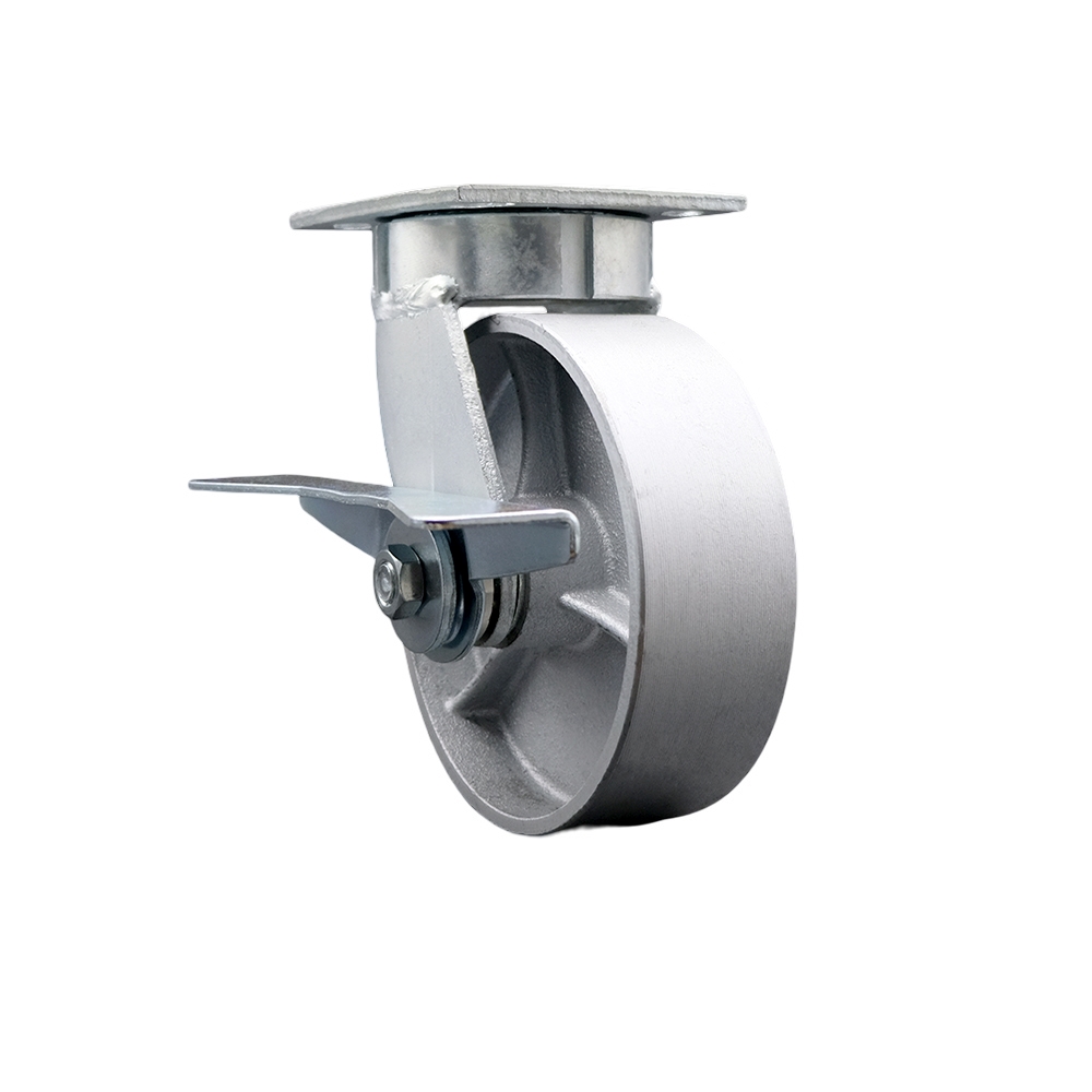 Heavy Duty Kingpinless Swivel Top Plate Caster with Side Lock Brake and 6 Inch Semi Steel Cast Iron Wheel with Bronze Bearings - 1,200 lbs. Capacity/Caster - Service Caster Brand — photo 1