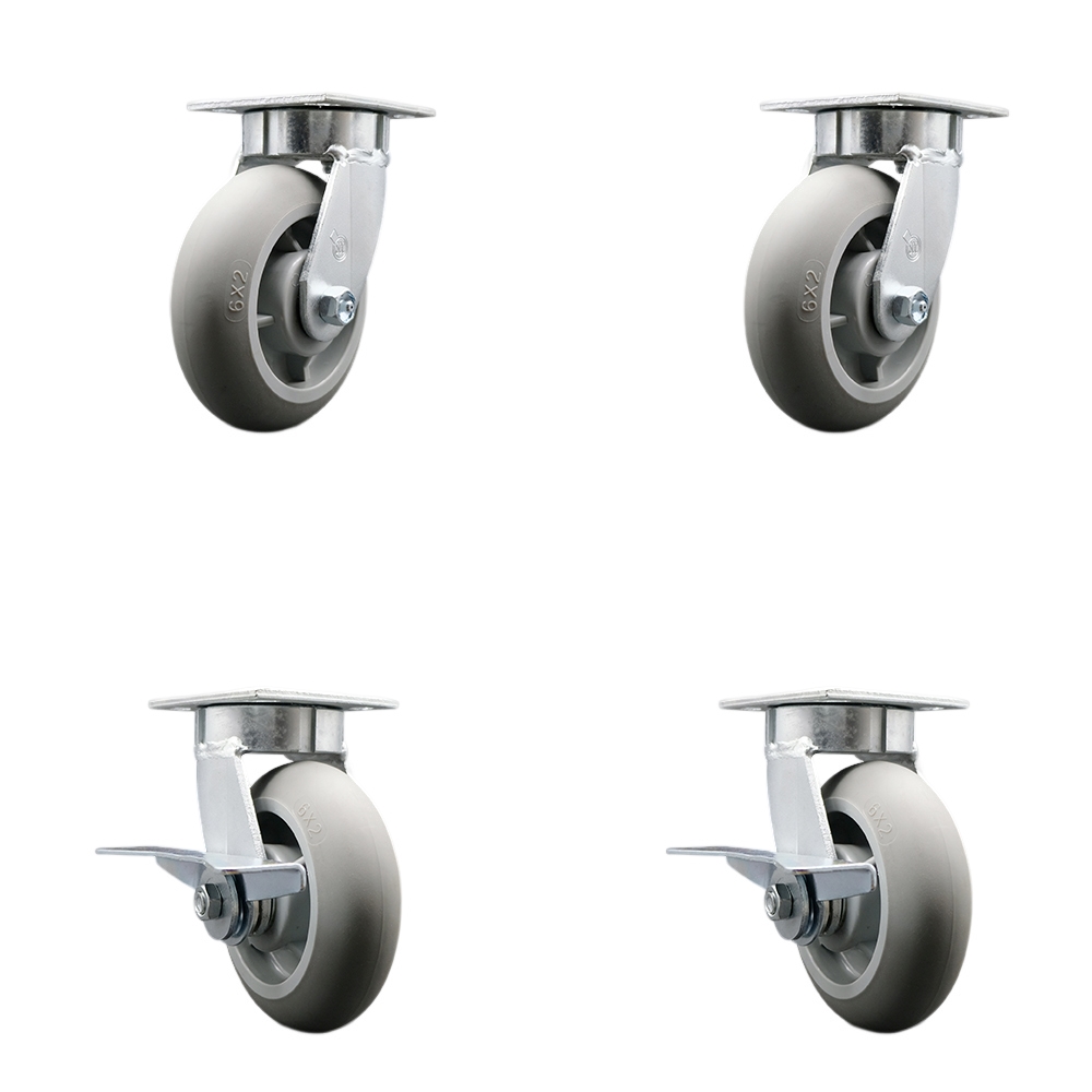 Kingpinless Thermo Rubber Donut Tread Swivel Top Plate Caster Set of 4 w/6" x 2" Gray Wheels - Includes 2 Swivel with Brakes & 2 Swivel - 2000 lbs Total Capacity - Service Caster Brand — photo 1