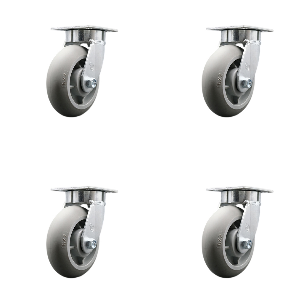 Kingpinless Thermo Rubber Donut Tread Swivel Top Plate Caster Set of 4 w/6" x 2" Gray Wheels - Includes 4 Swivel - 2000 lbs Total Capacity - Service Caster Brand — photo 1