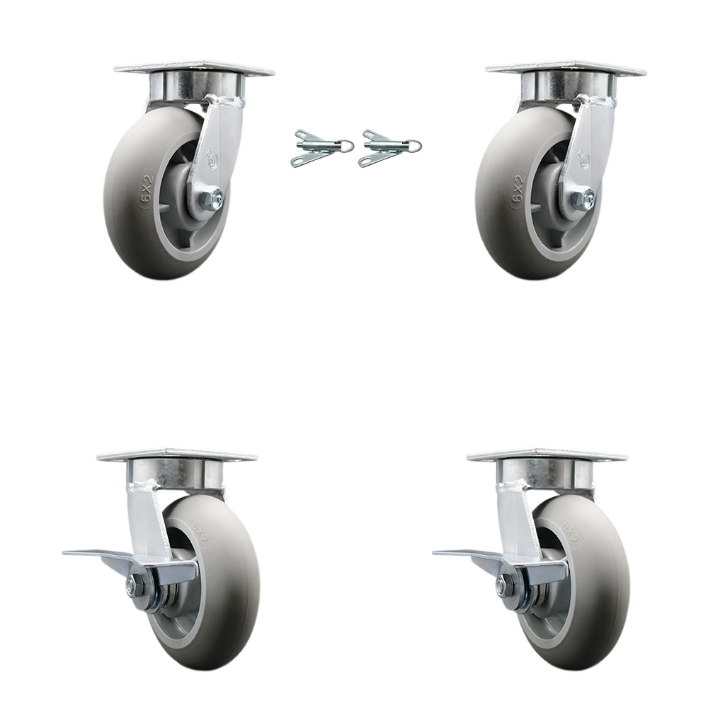 Kingpinless Thermo Rubber Donut Tread Swivel Top Plate Caster Set of 4 w/6" x 2" Gray Wheels- Includes 2 Swivel with Bolt on Swivel Locks&2 Swivel with Brakes-2000lbs Total Cpty - Service Caster Brand — photo 1