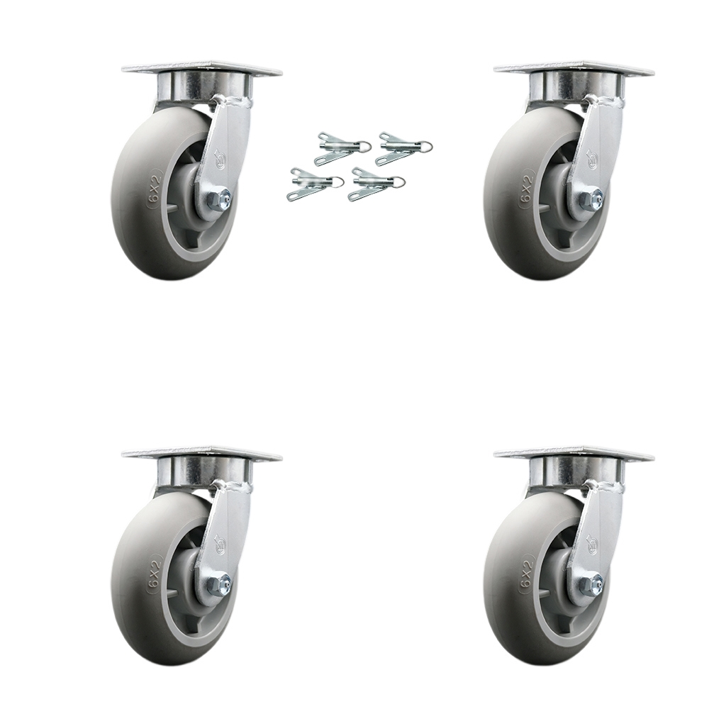 Kingpinless Thermo Rubber Donut Tread Swivel Top Plate Caster Set of 4 w/6" x 2" Gray Wheels - Includes 4 Swivel w/Bolt on Swivel Locks - 2000 lbs Total Capacity - Service Caster Brand — photo 1