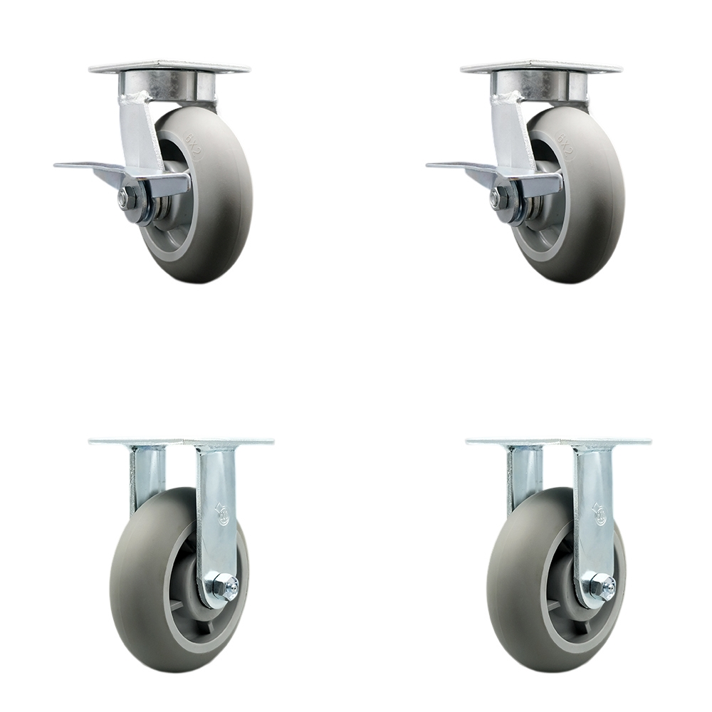 Kingpinless Thermo Rubber Donut Tread Swivel Top Plate Caster Set of 4 w/6" x 2" Gray Wheels - Includes 2 Swivel with Brakes & 2 Rigid - 2000 lbs Total Capacity - Service Caster Brand — photo 1