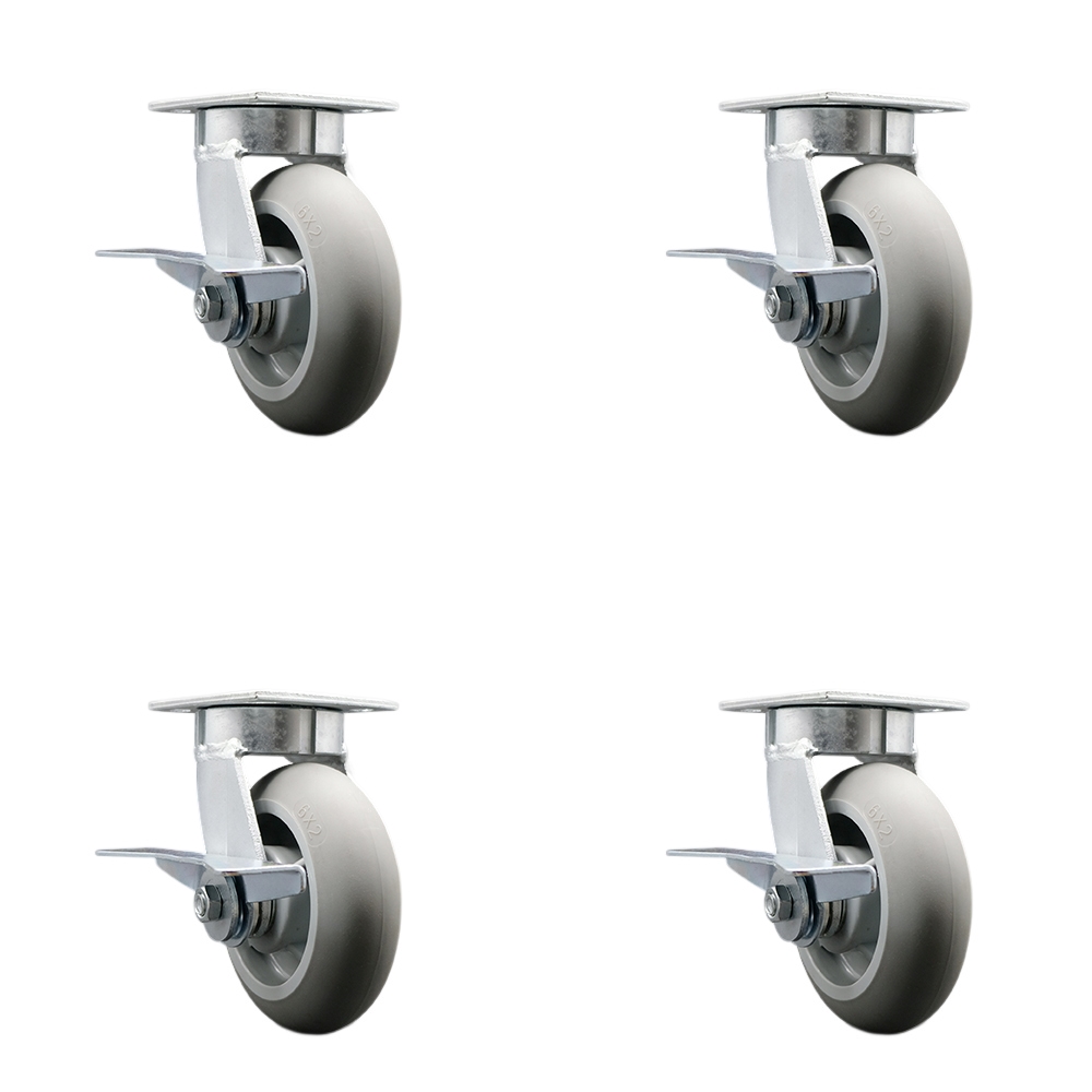 Kingpinless Thermo Rubber Donut Tread Swivel Top Plate Caster Set of 4 w/6" x 2" Gray Wheels - Includes 4 Swivel w/Side Lck Brakes - 2000 lbs Total Capacity - Service Caster Brand — photo 1