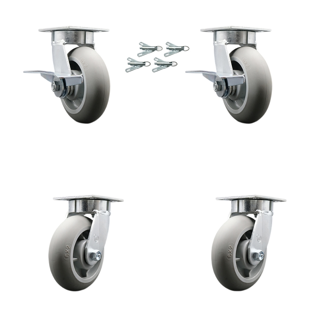 Kingpinless Thermo Rubber Donut Tread Swivel Top Plate Caster Set 4 w/6"x2" Gray Wheels-Includes 2 Swvl w/Brake and Bolt on Swvl Lcks&2 Swvl w/Bolt on Swvl Lcks-2000lbs Total Cpty-Service Caster Brand — photo 1
