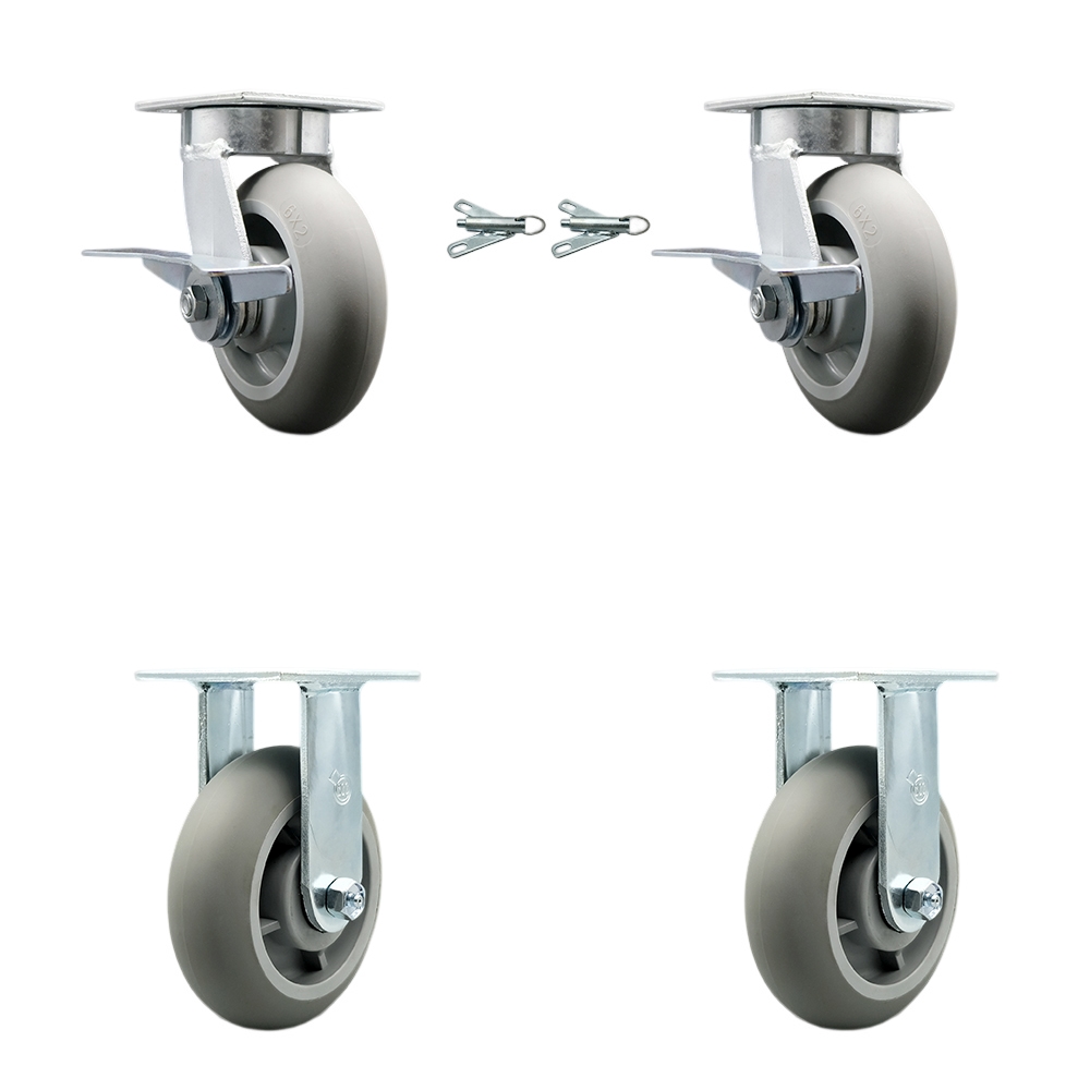 Kingpinless Thermo Rubber Donut Tread Swivel Top Plate Caster Set of 4 w/6" x 2" Gray Wheels - Includes 2 Swivel with Brakes and Bolt on Swivel Locks& 2 Rigid-2000lbs Total Cpty - Service Caster Brand — photo 1