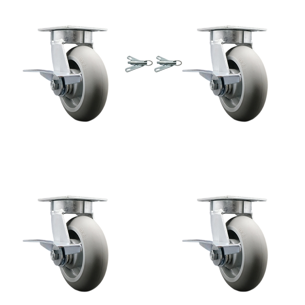 Kingpinless Thermo Rubber Donut Tread Swivel Top Plate Caster Set 4 w/6" x 2" Gray Wheels-Includes 2 Swivel with Brakes and Bolt on Swvl Lcks&2 Swvl with Brakes-2000lbs Total Cpty-Service Caster Brand — photo 1