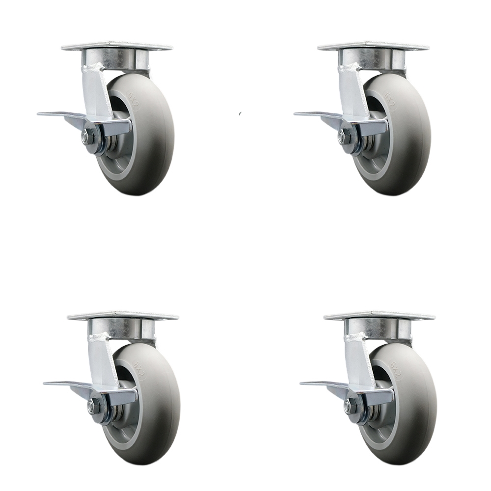 Heavy Duty Kingpinless Swivel Caster Set of 4 with 6 Inch Thermoplastic Rubber Donut Tread Wheels and Ball Bearings-Includes 4 Swivel with Side Lock Brakes and Bolt on Swivel Lock-Service Caster Brand — photo 1