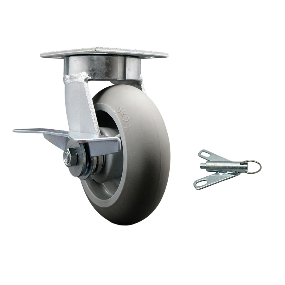Kingpinless Thermo Rubber Donut Tread Swivel Top Plate Caster w/6" x 2" Gray Wheel & Side Lck Brake and Bolt on Swivel Lock - 500 lbs Capacity/Caster - Service Caster Brand — photo 1