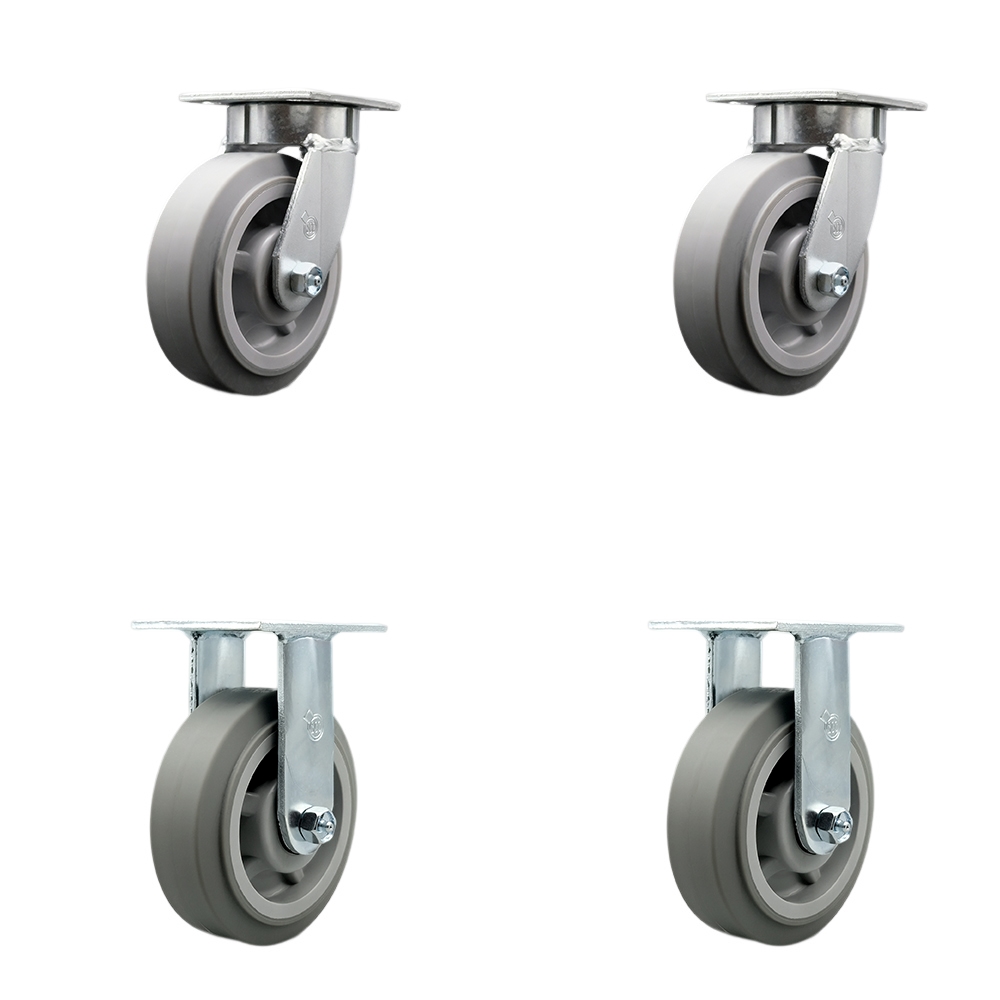 Kingpinless Thermo Rubber Flat Tread Swivel Top Plate Caster Set of 4 w/6" x 2" Gray Wheels - Includes 2 Swivel & 2 Rigid - 2000 lbs Total Capacity - Service Caster Brand — photo 1