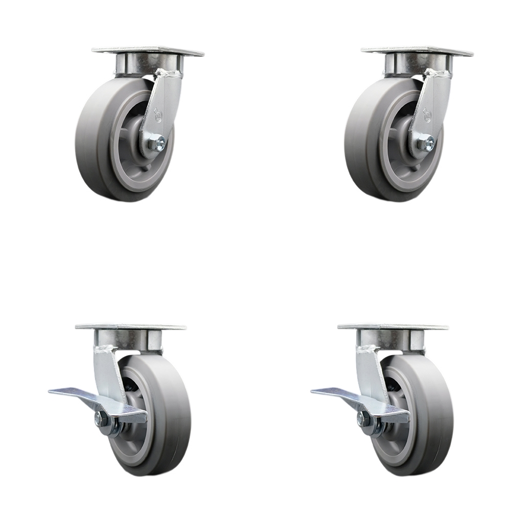 Kingpinless Thermo Rubber Flat Tread Swivel Top Plate Caster Set of 4 w/6" x 2" Gray Wheels - Includes 2 Swivel with Brakes & 2 Swivel - 2000 lbs Total Capacity - Service Caster Brand — photo 1