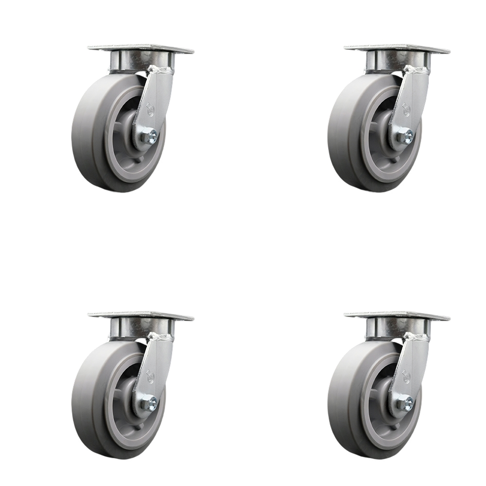 Kingpinless Thermo Rubber Flat Tread Swivel Top Plate Caster Set of 4 w/6" x 2" Gray Wheels - Includes 4 Swivel - 2000 lbs Total Capacity - Service Caster Brand — photo 1