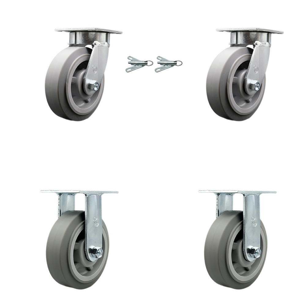 Kingpinless Thermo Rubber Flat Tread Swivel Top Plate Caster Set of 4 w/6" x 2" Gray Wheels - Includes 2 Swivel with Bolt on Swivel Locks & 2 Rigid - 2000 lbs Total Capacity - Service Caster Brand — photo 1