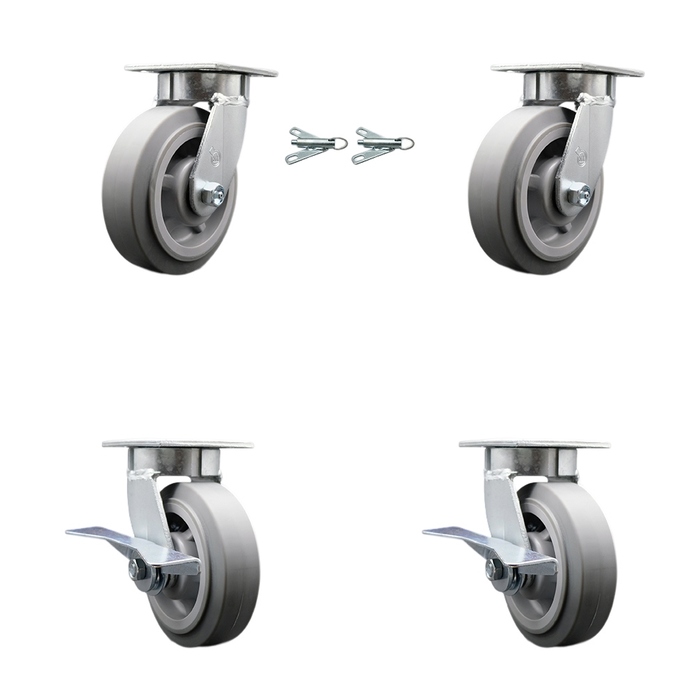 Kingpinless Thermo Rubber Flat Tread Swivel Top Plate Caster Set of 4 w/6" x 2" Gray Wheels - Includes 2 Swivel with Bolt on Swivel Locks&2 Swivel with Brakes-2000lbs Total Cpty - Service Caster Brand — photo 1