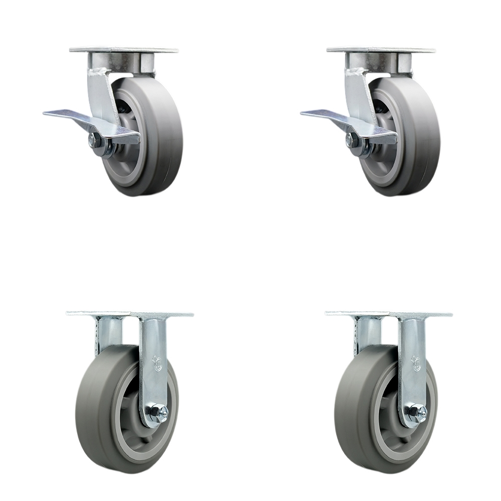Kingpinless Thermo Rubber Flat Tread Swivel Top Plate Caster Set of 4 w/6" x 2" Gray Wheels - Includes 2 Swivel with Brakes & 2 Rigid - 2000 lbs Total Capacity - Service Caster Brand — photo 1