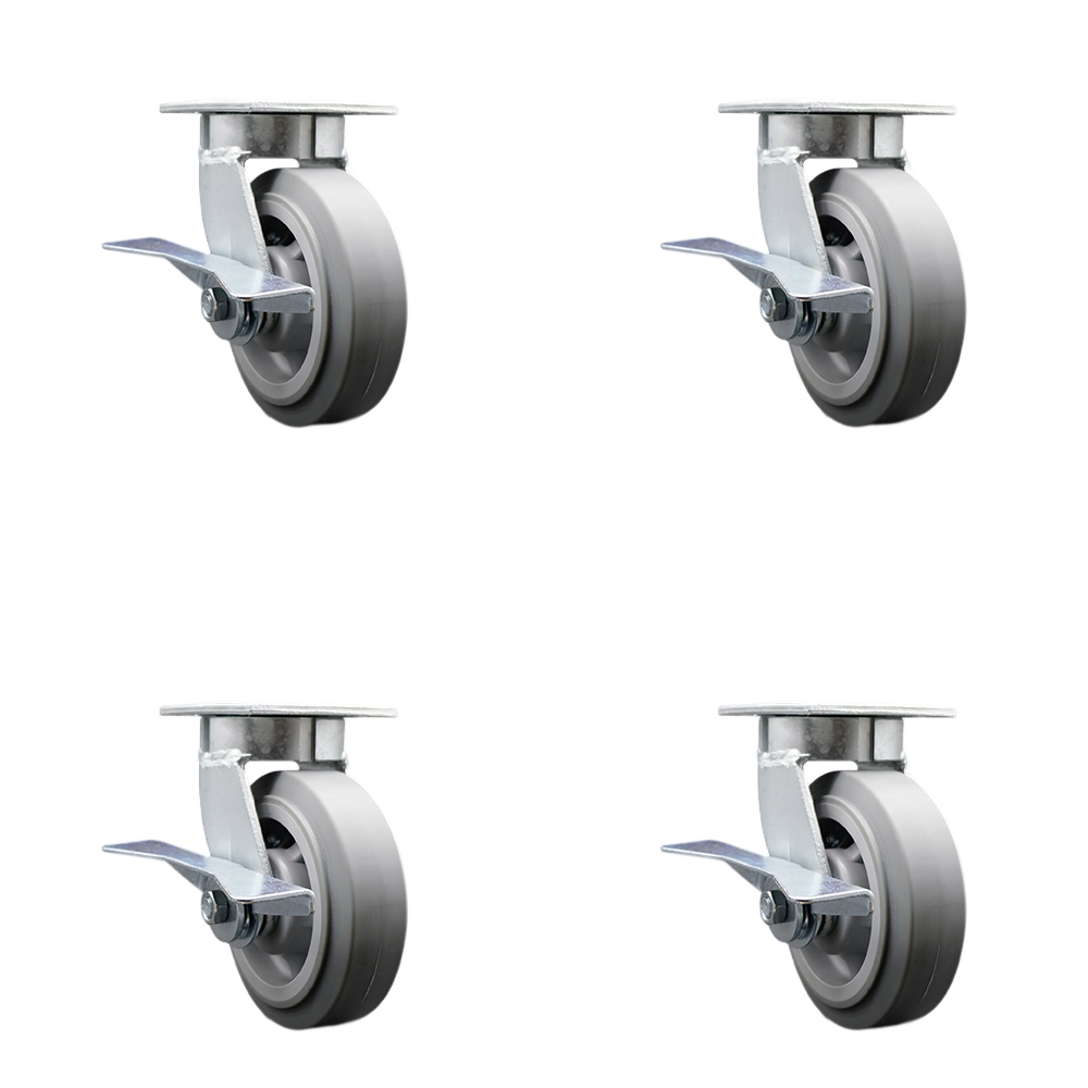 Kingpinless Thermo Rubber Flat Tread Swivel Top Plate Caster Set of 4 w/6" x 2" Gray Wheels - Includes 4 Swivel w/Side Lck Brakes - 2000 lbs Total Capacity - Service Caster Brand — photo 1