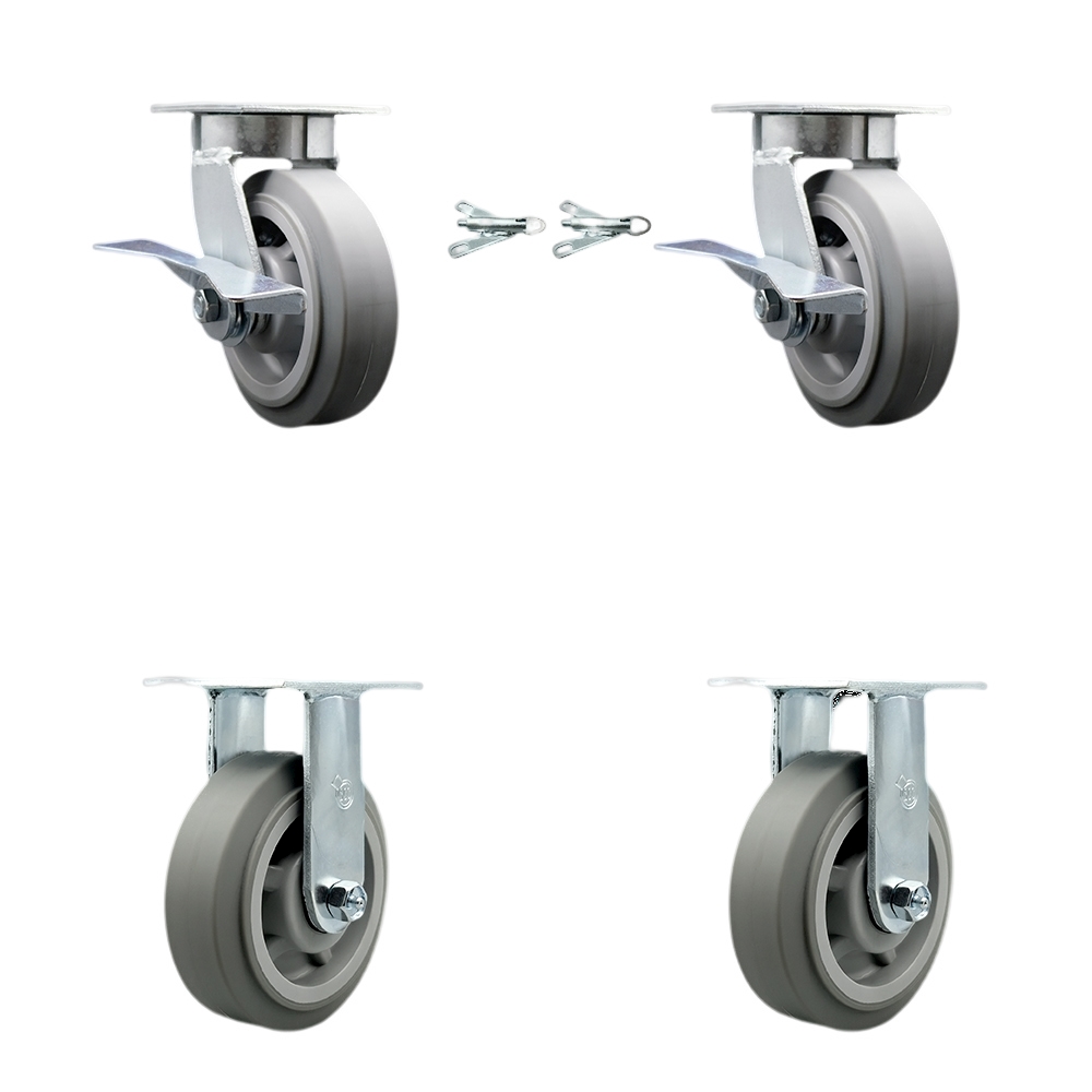 Kingpinless Thermo Rubber Flat Tread Swivel Top Plate Caster Set of 4 w/6" x 2" Gray Wheels - Includes 2 Swivel with Brakes and Bolt on Swivel Locks & 2 Rigid-2000lbs Total Cpty - Service Caster Brand — photo 1