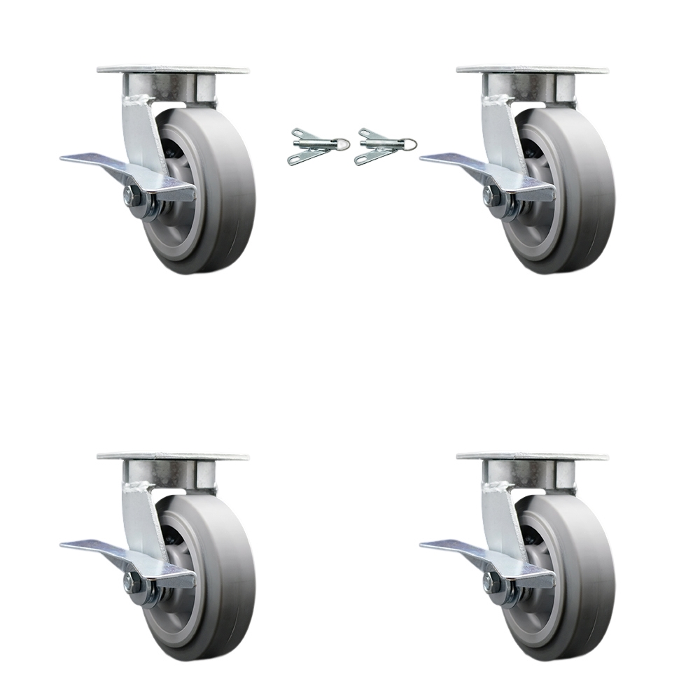 Kingpinless Thermo Rubber Flat Tread Swivel Top Plate Caster Set 4 w/6" x 2" Gray Wheels-Includes 2 Swivel with Brakes and Bolt on Swvl Locks&2 Swvl with Brakes-2000lbs Total Cpty-Service Caster Brand — photo 1