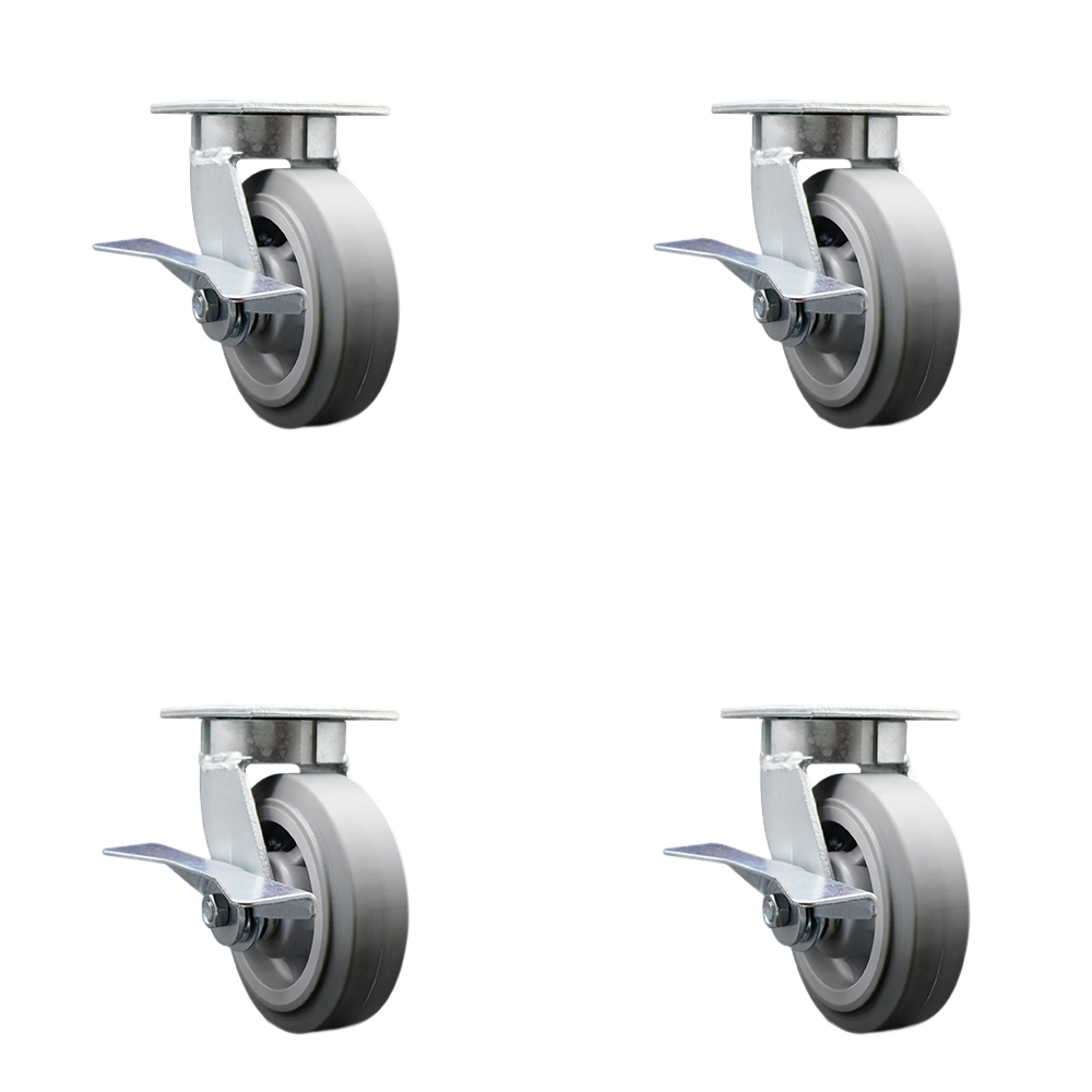 Kingpinless Thermo Rubber Flat Tread Swivel Top Plate Caster Set of 4 w/6" x 2" Gray Wheels - Includes 4 Swivel w/Side Lck Brakes & Bolt on Swivel Locks - 2000lbs Total Capacity - Service Caster Brand — photo 1