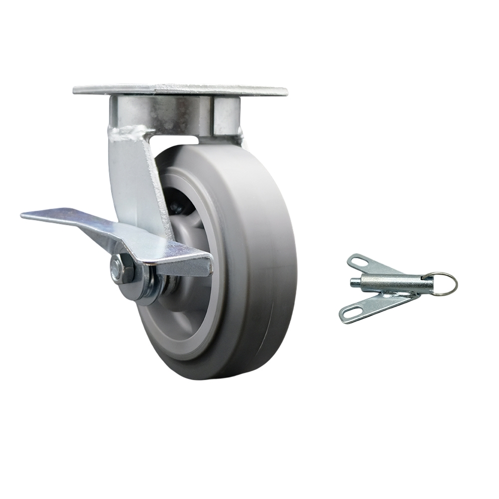 Kingpinless Thermo Rubber Flat Tread Swivel Top Plate Caster w/6" x 2" Gray Wheel & Side Lck Brake and Bolt on Swivel Lock - 500 lbs Capacity/Caster - Service Caster Brand — photo 1