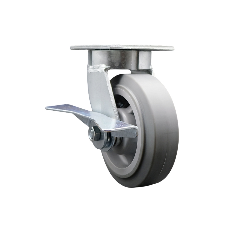 Kingpinless Thermo Rubber Flat Tread Swivel Top Plate Caster w/6" x 2" Gray Wheel & Side Lck Brake - 500 lbs Capacity/Caster - Service Caster Brand — photo 1
